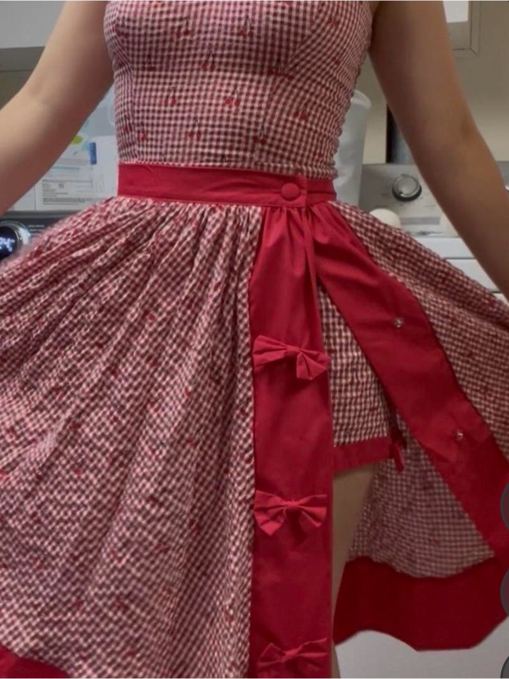 American Vintage Red Gingham Bow-Detail Fit-and-Flare Dress